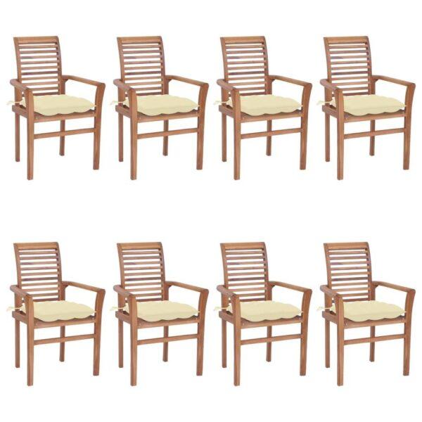 Spisebordsstole 8 Stk Med Cremehvide Hynder Massivt Teaktræ - 8720286442005