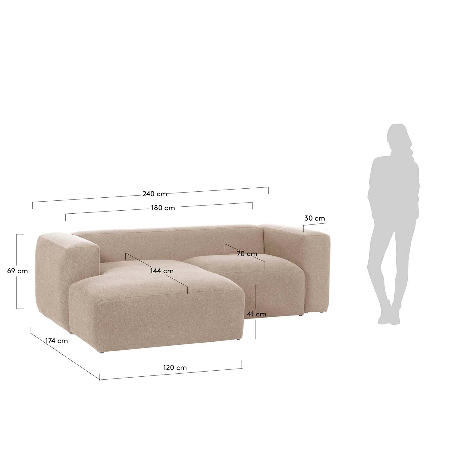 Kave Home Blok Sofa M Venstre Chaiselong Beige Polyester Og Stål Fra Kave Home - 8433840593012