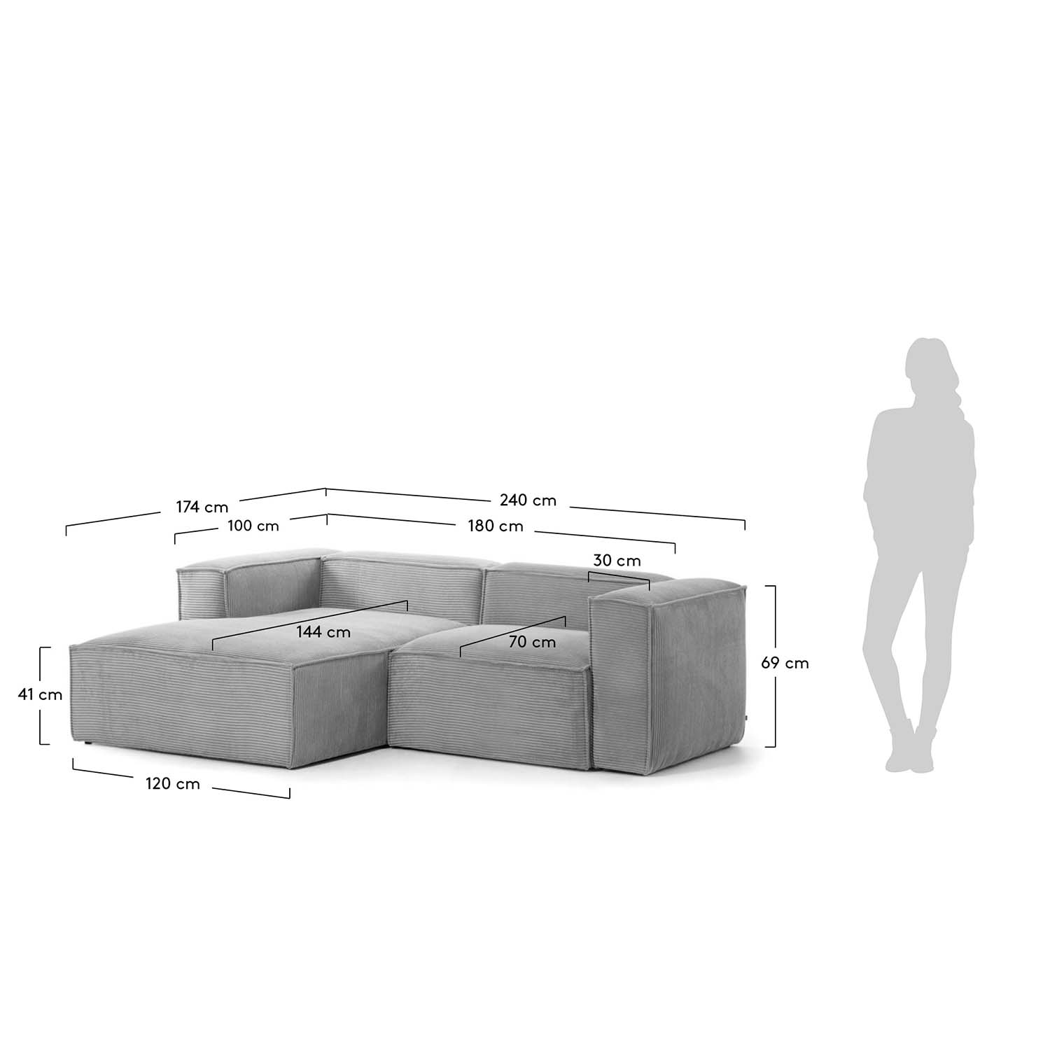 Kave Home Blok Sofa M Venstre Chaiselong Grå Fløjl Fra Kave Home - 8433840570006