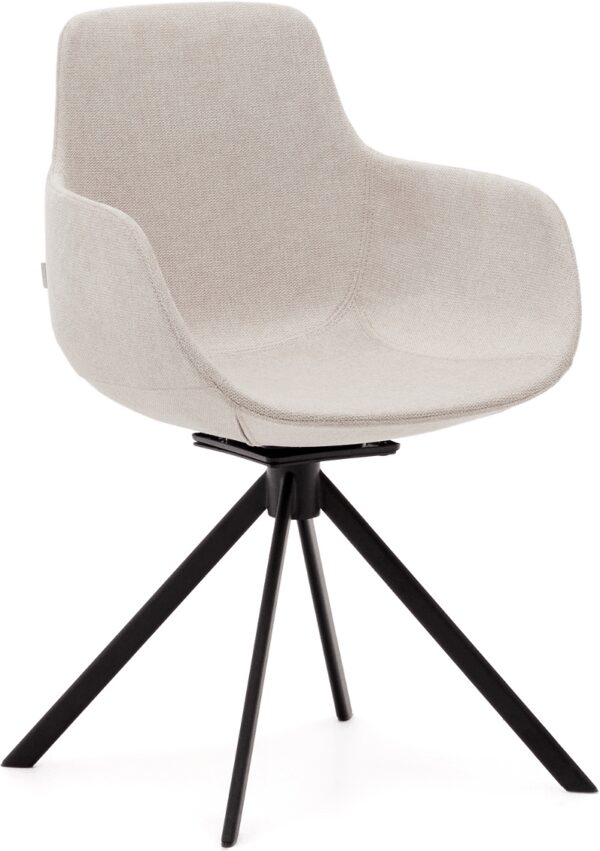 Spisebordsstol Med Armlæn Tissiana Beige Polstret Drejelig Twill Stof Sort Stålben H46ã?b55ã?d55 5 Cm Fra Kave Home - 8433840844435