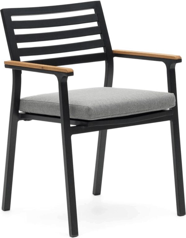 Bona Udendørs Spisebordsstol Med Armlæn I Aluminium Og Teak Sort Natur Stabelbar Fra Kave Home - 8433840789323
