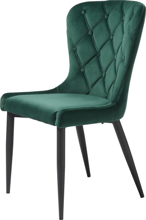 Spisebordsstol Granby I Mørkegrøn Fløjl Med Diamantquilting Og Sorte Metalben Fra Nordique Design - 5704745090207