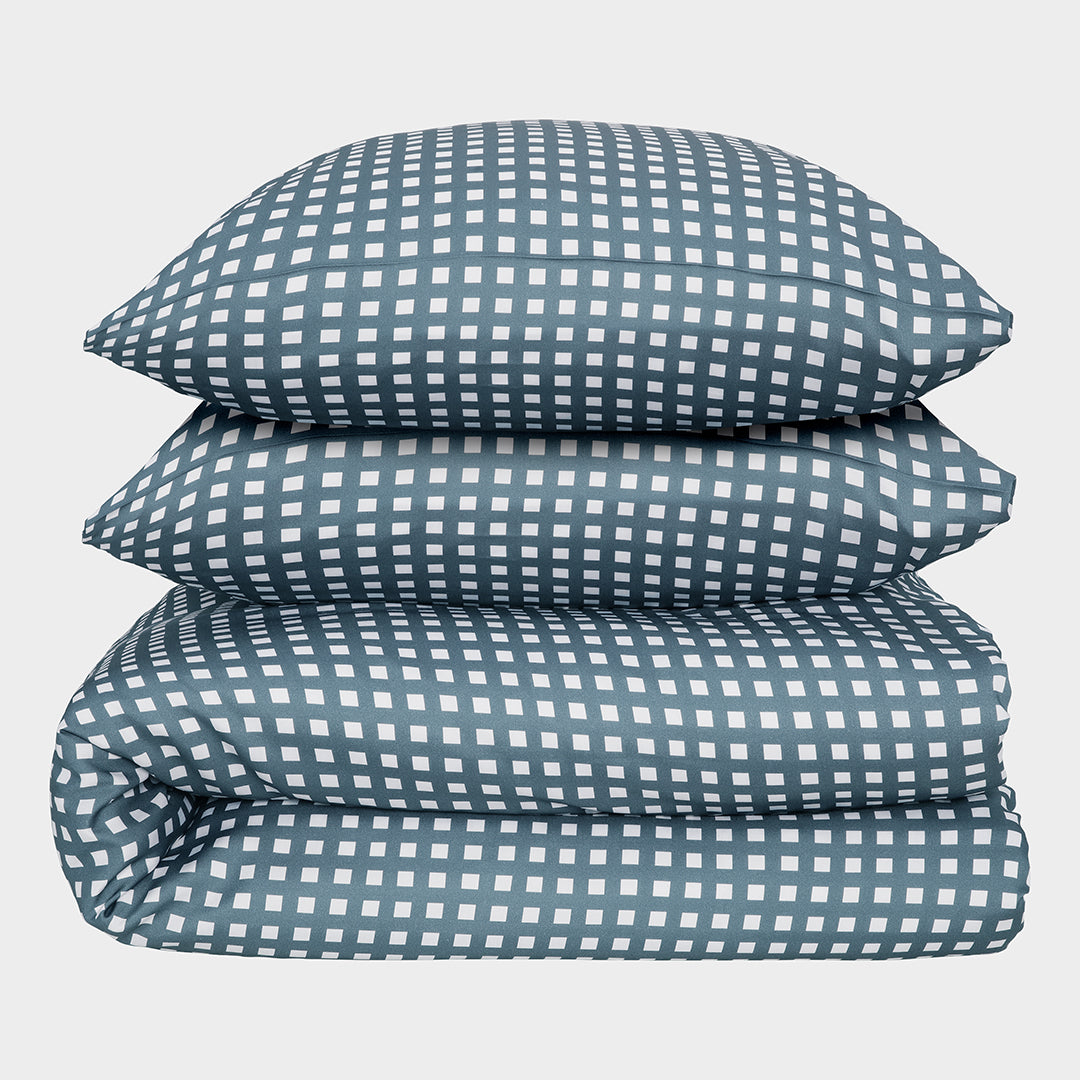 Bambus Sengetøj Hvid Grålig Blå Ternet 240x220 Fra Bambuni