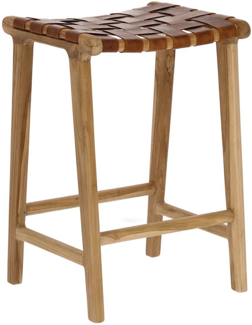 Rustik Barstol Calixta I Massivt Teak Med Håndflettede Naturbrune Læderremme Fra Kave Home - 8433840578101